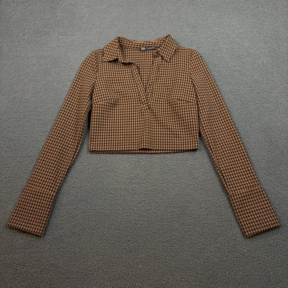 Zara Top Womens XS Brown Houndstooth Cropped Long Sleeve Collared Blouse 8990